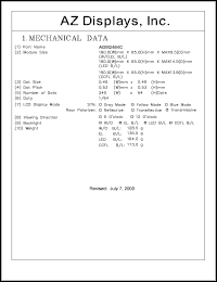 AGM2464C-FE-GTD-T datasheet: 0.3-7.0V; number of dots: 240 x 64dots; dot size:0.49 x 0.49mm; dot pitch:0.53 x 0.53mm; AZ display AGM2464C-FE-GTD-T