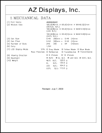 AGM2464C-MC-GYW-T datasheet: 0.3-7.0V; number of dots: 240 x 64dots; dot size:0.49 x 0.49mm; dot pitch:0.53 x 0.53mm; AZ display AGM2464C-MC-GYW-T