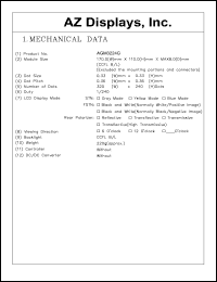 AGM3224G-RC-GTD-T datasheet: 0.0-6.0V; number of dots: 320 x 240dots; dot size:0.33 x 0.33mm; dot pitch:0.36 x 0.36mm; AZ display AGM3224G-RC-GTD-T