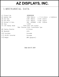 AGM3224W-MC-FBD-T datasheet: 0.3-7.0V; number of dots: 320 x 240dots; dot size:0.09 x 0.33mm; dot pitch:0.12 x 0.36mm; AZ display AGM3224W-MC-FBD-T