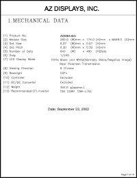 AGM6448G-MC-FBD-T datasheet: 0.3-6.5V; number of dots: 640 x 480dots; dot size:0.27 x 0.27mm; dot pitch:0.30 x 0.30mm; AZ display AGM6448G-MC-FBD-T