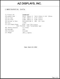 AGM6448T-FC-FTD-T datasheet: 0.3-7.0V; number of dots: 640 x 480dots; dot size:0.067 x 0.241mm; dot pitch:0.087 x 0.261mm; AZ display AGM6448T-FC-FTD-T