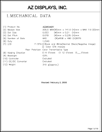 AGM6448Y-MC-FTD-T datasheet: 0.3-6.5V; number of dots: 640 x 480dots; dot size:0.053 x 0.21mm; dot pitch:0.078 x 0.235mm; AZ display AGM6448Y-MC-FTD-T