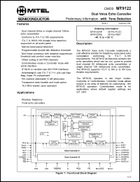 MT9122AP datasheet: 0.3-7.0V; +-20mA; dual voice echo canceller. For wireless telephony; trunk echo cancellers MT9122AP