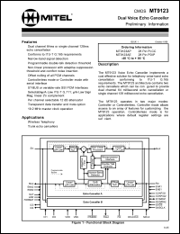 MT9123AP datasheet: 0.3-7.0V; +-20mA; dual voice echo canceller. For wireless telephony; trunk echo cancellers MT9123AP