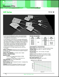 30R090 datasheet: Resettable PTC. Ihold = 0.90A, Itrip = 1.80A, Vmax =30Vdc. 500 per container. 30R090