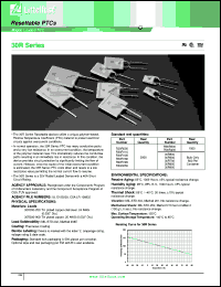 30R250 datasheet: Resettable PTC. Ihold = 2.50A, Itrip = 5.00A, Vmax =30Vdc. 500 per container. 30R250