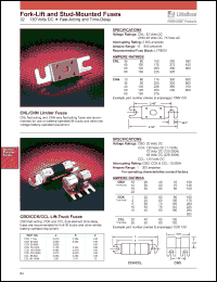 CNL40 datasheet: Limiter fast acting lift-truck fuse. 40 amperes, 32 Volts DC. Interrupting rating: 2,500 amperes. CNL40