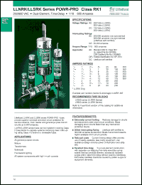 LLNRK15/100 datasheet: POWR-PRO dual-element, time-delay class RK1 fuse. 15/100 A. Voltage rating: 250 VAC 125 VDC. Interrupting rating: AC: 200,000 A rms symmetrical, 300,000 A rms symmetrical (littelfuse self-certified), DC: 20,000 A. LLNRK15/100