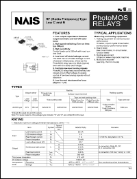 AQV221NAZ datasheet: PhotoMOS relay, RF (radio frequency) type, low C and R. AC/DC type. Output rating: load voltage 40 V, load current 150 mA. Surface mount terminal. Tape and reel packing style, picked from the 4/5/6-pin side. AQV221NAZ