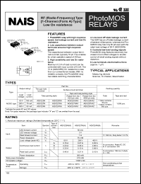 AQV224NAZ datasheet: PhotoMOS relay, RF (radio frequency) type [1-channel (form A) type]. Low On resistance. AC/DC type. Output rating: load voltage 400 V, load current 50 mA. Surface-mount terminal. Tape and reel packing style. Picked from the 4/5/6-pin side. AQV224NAZ