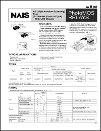 AQV254RAX datasheet: PhotoMOS relay, HE (high-function economy) type [1-channel (form A) type] - with LED display. Output rating: load voltage 400 V, load current 150 mA. Surface-mount terminal, tape and reel packing style, picked from the 1/2/3/-pin side. AQV254RAX