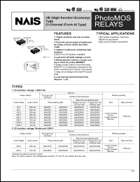 AQV254 datasheet: PhotoMOS relay, HE (high-function economy) type [1-channel (form A) type]. I/O isolation : 1.500V AC. Output rating: load voltage 400 V, load current 150 mA. Through hole terminal, tube packing style. AQV254