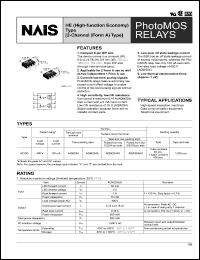 AQW254AX datasheet: PhotoMOS relay, HE (high-function economy) type, [2-channel (form A) type]. AC/DC type. Output rating: load voltage 400 V, load current 120 mA. Surface-mount terminal, tape and reel packing style, picked from the 1/2/3/4-pin side. AQW254AX