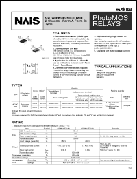 AQW610EHAX datasheet: PhotoMOS relay, GU (general use)-E typy [2-channel (formA form B) type]. AC/DC type. I/O isolation: reinforced 5,000V. Output rating: load voltage 350 V, load current 120 mA. Picked from the 1/2/3/4-pin side. Surface mount terminal. AQW610EHAX