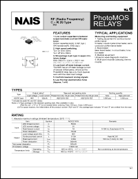 AQY221N1SZ datasheet: PhotoMOS relay, RF (radio frequency). C x R 20 type. AC/DC type. Output rating: load voltage 40 V, load current 120 mA. AQY221N1SZ