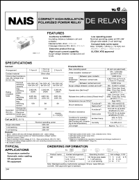 DE2a-L-12V datasheet: DE-relay. Compact high-insulation polarized power relay. Nominal voltage 12V DC. 2 form A. 1 coil latching type. DE2a-L-12V