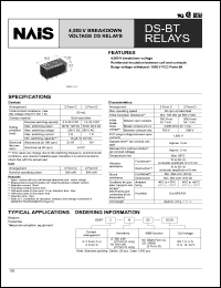 DSBT2-S-DC3V datasheet: DS-BT relay. 4,000V breakdown voltage relay. Coil voltage 3 V DC. 2 form C. Single side stable. DSBT2-S-DC3V