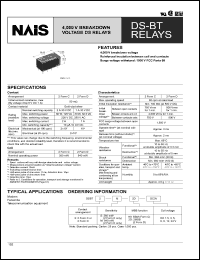 DSBT2-S-DC9V datasheet: DS-BT relay. 4,000V breakdown voltage relay. Coil voltage 9 V DC. 2 form C. Single side stable. DSBT2-S-DC9V