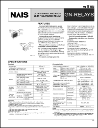 AGN20024 datasheet: GN-relay. Ultra-small package slim polarized relay. Coil voltage 24 V DC. 2 form C. Single side stable. Standard PC board terminal. AGN20024