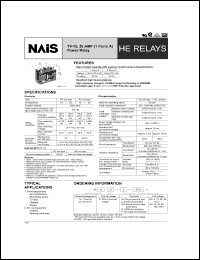 HE1aN-DC6V datasheet: HE-relay. TV-15, 30 AMP power relay. DC type. 1 form A. Plug-in terminal. Nominal voltage 6 V DC. HE1aN-DC6V
