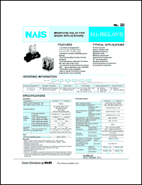 HJ2-DC12V-6 datasheet: HJ-relay. Miniature relay for wide applications. Au plating type. Plug-in type. 2 form C. Coil voltage 12 V DC. HJ2-DC12V-6