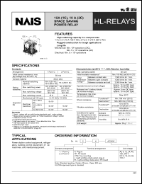 HL1H-AC12V datasheet: HL-relay. Space saving power relay. 1 form C. Nominal switching capacity: 15 A 125 V AC, 10 A 250 V AC.  Plug-in. Coil voltage 12 V AC. HL1H-AC12V