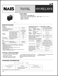 HY1Z-1.5V datasheet: HY-relay. Non-polarized 1 form C relay. Nominal voltage 1.5 V DC. 200 mW standard type. HY1Z-1.5V