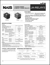 JA1a-TM-DC12V datasheet: JA-relay. 1 horse-power compact power relay. 1 form A. Coil voltage 12 V DC. Solder terminal. Standard type. JA1a-TM-DC12V