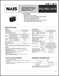 PQ1a-5V datasheet: PQ-relay. High electrical and mechanical noise immunity relay. 1 form A (bifurcated). Coil voltage 5 V DC. PQ1a-5V