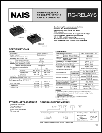 RG1-5V datasheet: High frequency RG relays with 1C contact. 1 form C. Single side stable. Nominal voltage 5 V DC. Characteristic impedance 75 ohm. RG1-5V