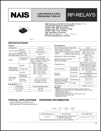 RP1-9V datasheet: RP-relay. Low profile high frequency relay. 1 form C. Standard PC board terminal. Coil voltage 9 V DC. RP1-9V