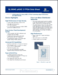 QL3004E-1PL68C datasheet: 4,000 usable PLD gate pASIC 3 FPGA combining high performance and high density. QL3004E-1PL68C