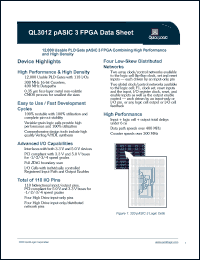 QL3012-1PL84I datasheet: 12,000 usable PLD gate pASIC 3 FPGA combining high performance and high density. QL3012-1PL84I