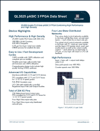 QL3025-3PF144I datasheet: 25,000 usable PLD gate pASIC 3 FPGA combining high performance and high density. QL3025-3PF144I