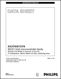 P83C576EBAA datasheet: 16 MHz, 8-bit microcontroller family 8K/256 OTP/ROM, 6 channel 10-bit A/D, 4 comparator, failure detect circuitry, watchdog timer P83C576EBAA