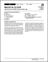 MACH110-20JC datasheet: High-density EE CMOS programmable logic, 32 macrocells, 32 flip-flops, 2 clock choices, 38 Inputs, 32 Outputs, 20ns MACH110-20JC