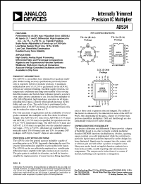 AD534JH datasheet: 18V; 500mW; internally trimmed precision IC multiplier for high quality analog signal processing and diffrential ratio and percentage computations AD534JH