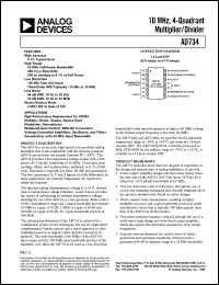 AD734AN datasheet: +-18V; 500mW; 10MHz, 4-quadrant multiplier/divider. For high performance replecement for AD534 AD734AN