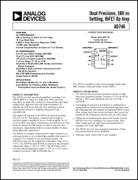 AD746 datasheet: +-18V; 500mW; dual precision, 500ns settling, BiFET Op Amp. For dual output buffers for 12and 14-bit DACs AD746