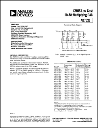 AD7533KN datasheet: -0.3 to +17V; 450mW; CMOS low cost 10-bit multiplying DAC. For digital controlled attenuators, programmable gain amplifiers, fuction generation, linear automatic gain control AD7533KN