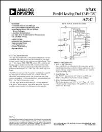 AD7547KP datasheet: -0.3 to +17V; 450mW; LC2MOS parallel loading dual 12-bit DAC. For automatic test equipment, programmable filters, audio applications AD7547KP