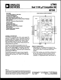 AD7549TE datasheet: -0.3 to +17V; 450mW; LC2MOS dual 12-bit uP-compatibleDAC. For automatic test equipment, programmable filters, audio systems AD7549TE