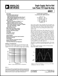 AD822AR datasheet: 18V; single supply, rail to rail low power FET-input Op Amp. For battery-powered precision instrumentation, photodiode preamps, active filters, 12/14-bit data acquisition systems AD822AR