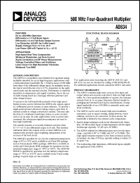 AD834JN datasheet: 18V; 500mW; 500MHz 4-quadrant multiplier. For  high-speed real time computation AD834JN