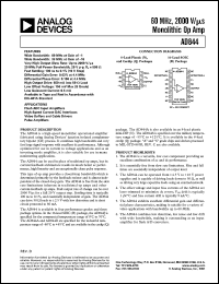 AD844AN datasheet: 18V; 1.5W; 60MHz, 1.1W; 2000V/mS monolithic Op Amp. For flash ADC input amplifiers, high-speed current DAC interfaces AD844AN