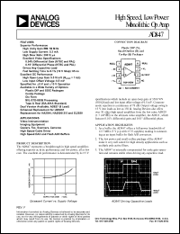 AD847JN datasheet: 18V; 1.2W; high speed, low powered monolithic Op Amp. For video instrumentation, imaging equipment AD847JN