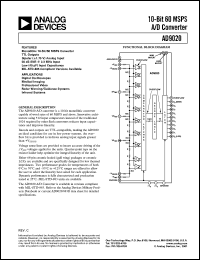 AD9020KZ datasheet: 6V; 20mA; 10-bit 60MSPS A/D converter. For digital oscilloscopes, medical imaging AD9020KZ