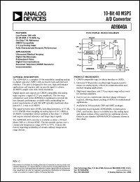 AD9040AJR datasheet: 7V; 20mA; 10-bit 40MSPS A/D converter. For digital oscilloscopes, ultrasound medical imaging AD9040AJR