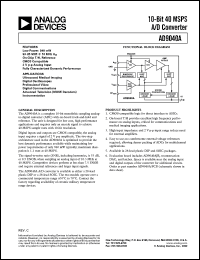 AD9040A/PWB datasheet: 7V; 20mA; 10-bit 40MSPS A/D converter. For digital oscilloscopes, ultrasound medical imaging AD9040A/PWB